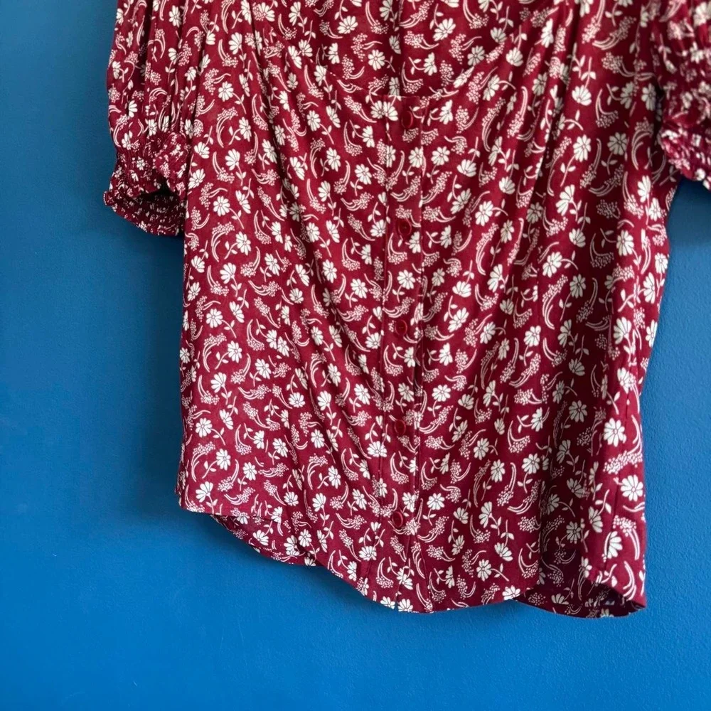 Reformation Red Floral Blouse Women's Size 8 Square Neck Puff Sleeves Cottage - Picture 6 of 8